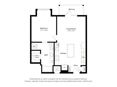 Floor plan for 1 bed, 1 bath, 756 sqft